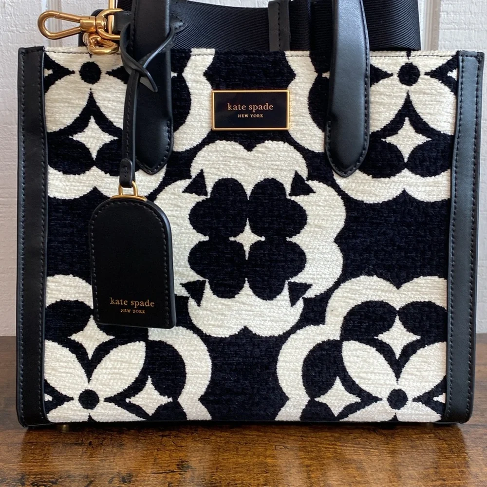 Kate Spade Manhattan Spade Flower Monogram Chenille Small Tote Black Cream Gold - Picture 14 of 15